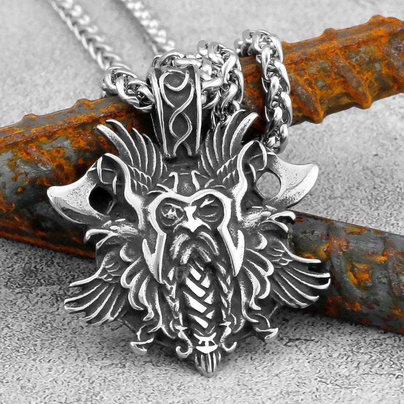

Pendant Necklaces Norse Mythology Odin Crow Viking Raven Double Axe Cross Necklace Male Gift Stainless Steel Jewelry Wholesale