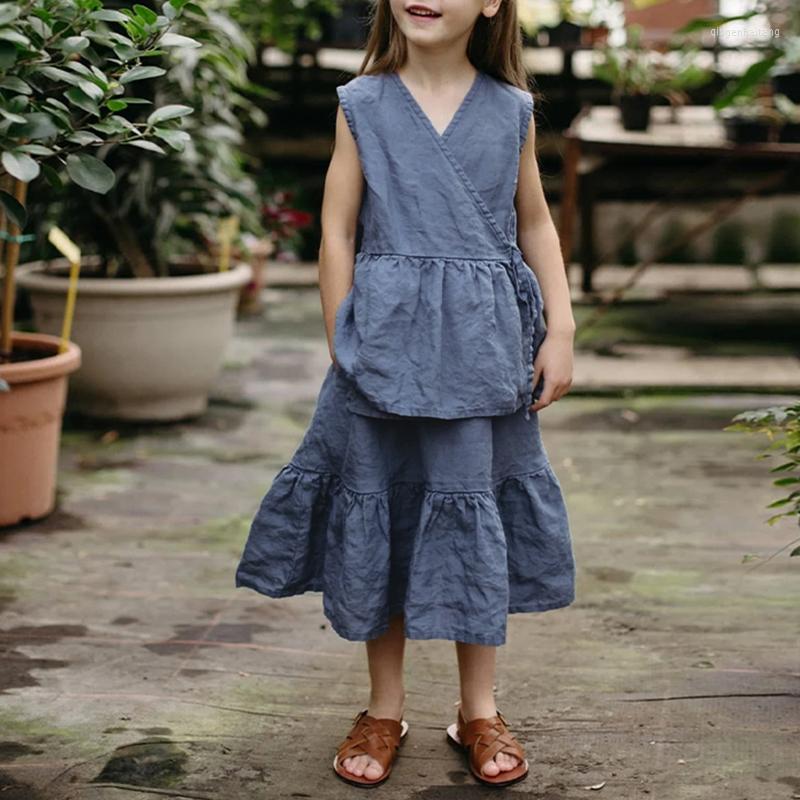 

Clothing Sets Summer Girls Cotton Linen Suit Retro Casual Sleeveless Lace-up Tops Elastic Waist Loose Ruffled Skirt With Pockets TZ274, 39 dusty blue