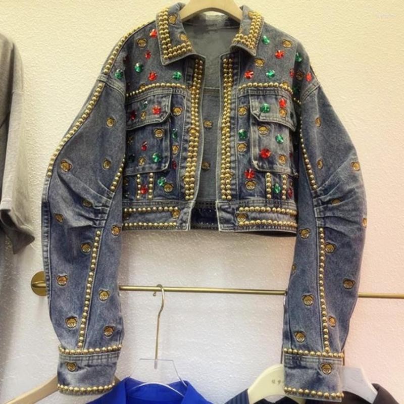 

Women's Jackets Fashion Rhinestone Rivets Beading Denim Jacket Women Spring Autumn Streetwear Casual Short Outwear, Blue