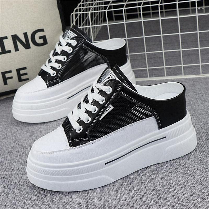 

Slippers White Baotou Mesh Breathable Half Sneakers Women's 2023 Spring Summer Height Increase 8cm No Heel Slip-on Shoes