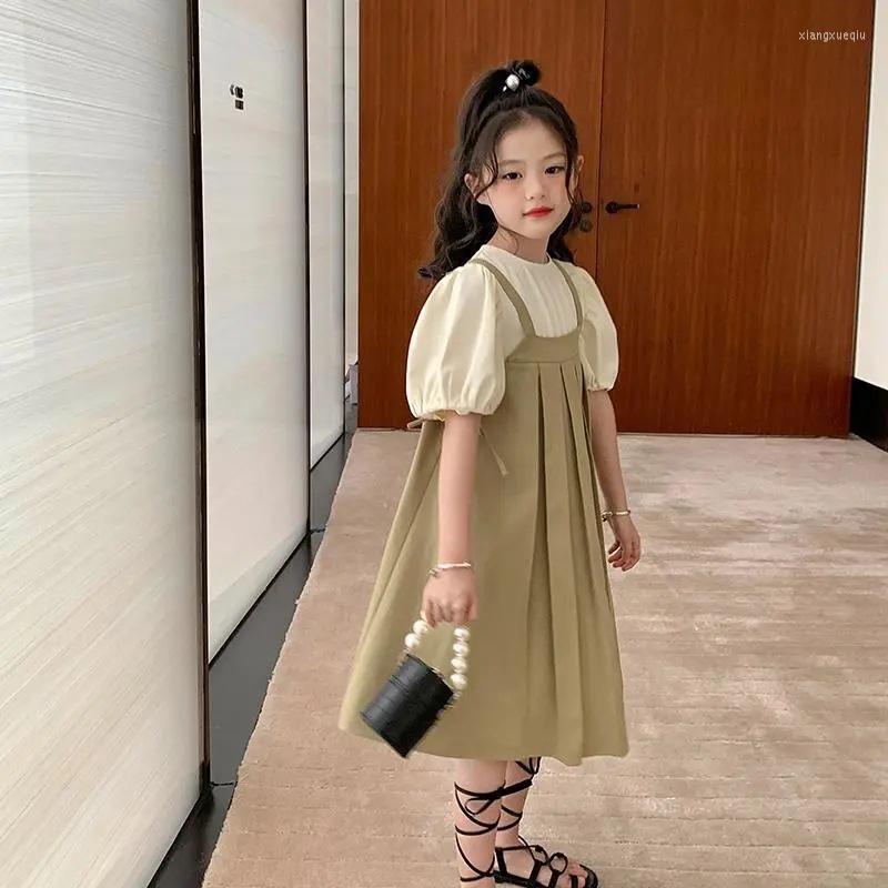 

Clothing Sets Girls Dress Short Sleeve Summer Clothes Medium And Large Children Cute Suspenders Skirt Blouse Two-piece Set, Green