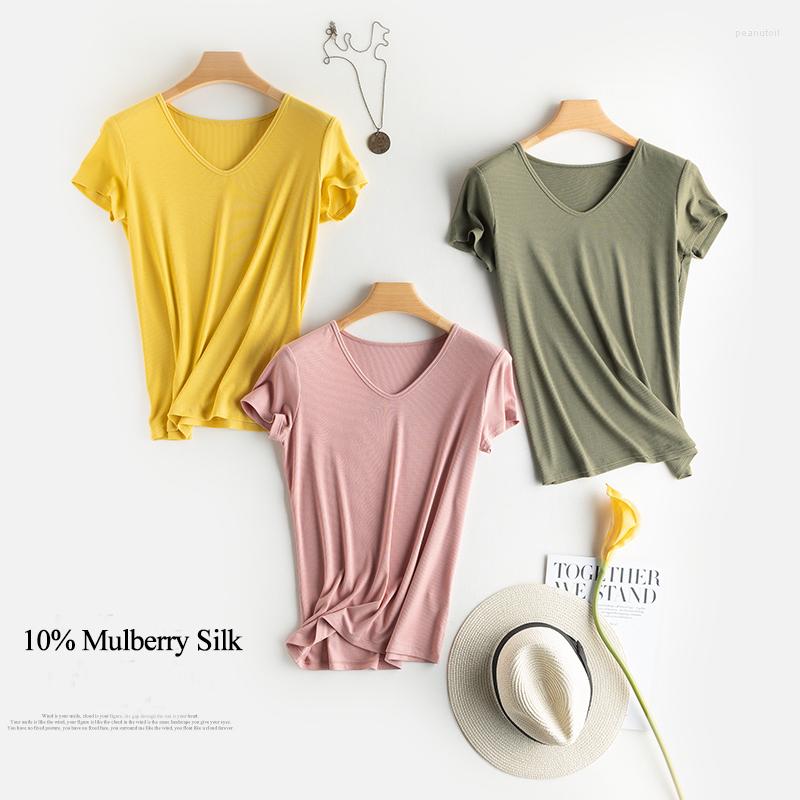 

Women's T Shirts Summer Women's Solid Tees 10% Real Silk Rib Knit T-shirt Slim Elegant Soft Woman Basic Tee Knitwear Tops Casual Shirt, Olive green o-neck