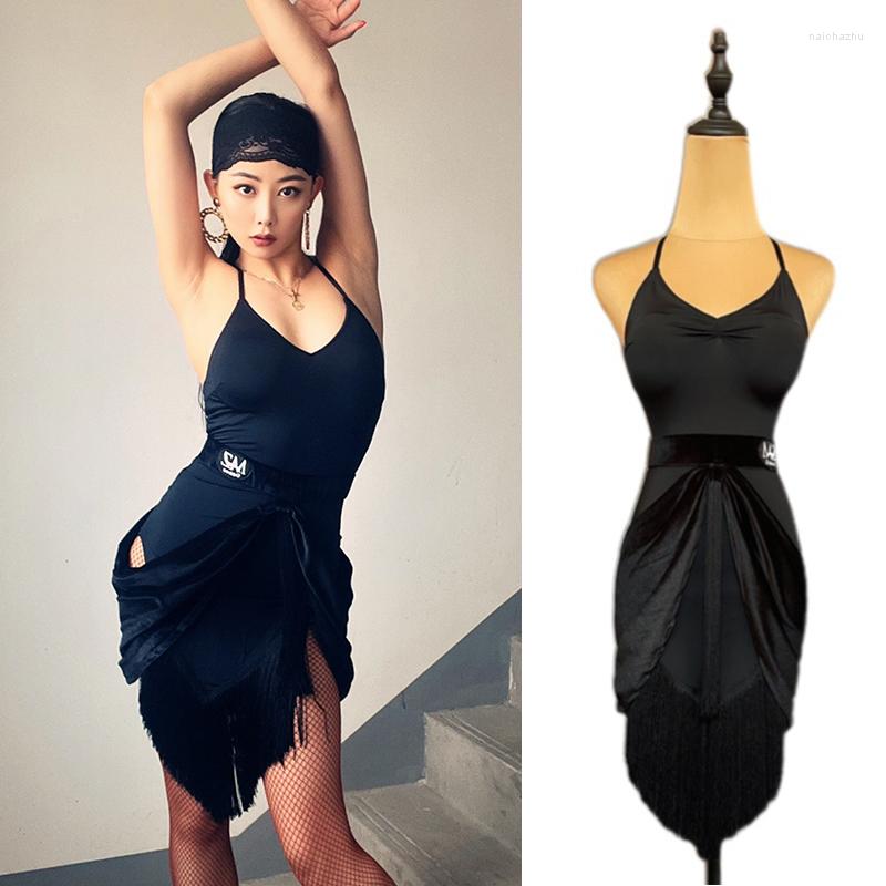 

Stage Wear Fringed Latin Dance Dress Velvet Belt ChaCha Dancer Outfit Practice Dancewear Women Rumba Samba Competition Clothes DL10490, Black