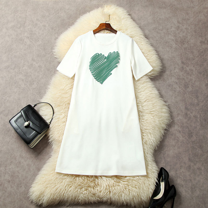 

2023 Summer White Green Heart Cotton Dress Contrast Color Panelled Short Sleeve Round Neck Knee-Length Casual Dresses L3W222373