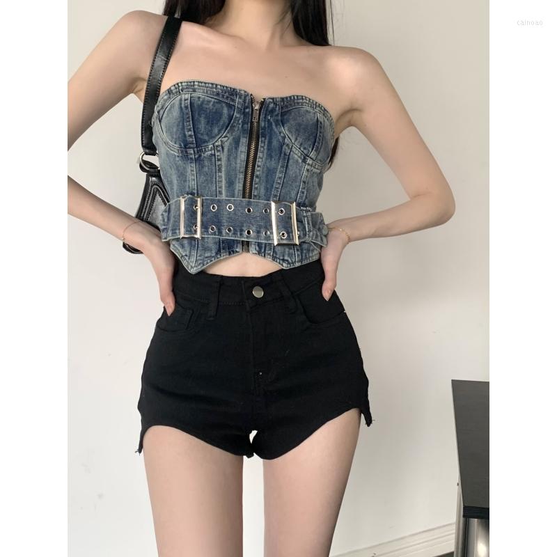 

Women's Tanks Women's Clothing Blue Denim Vest Slim Black Shorts Vintage Sexy Chic Europe And America Sleeveless Backless 2023 Summer