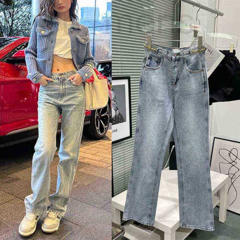 

Women' Jeans designer spring gold ain e decoration light ue washed used Jns Straight nts look thin GVQ7, Light blue