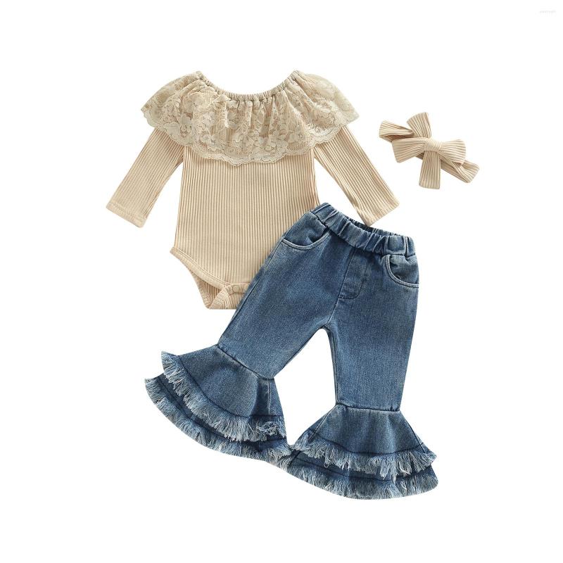 

Clothing Sets Kids Infant Baby Girls Pants Suit Long Sleeve Round Neck Lace Romper Tops Casual Denim Bell-Bottoms Headband 3Pcs Set 3-24M, Picture shown