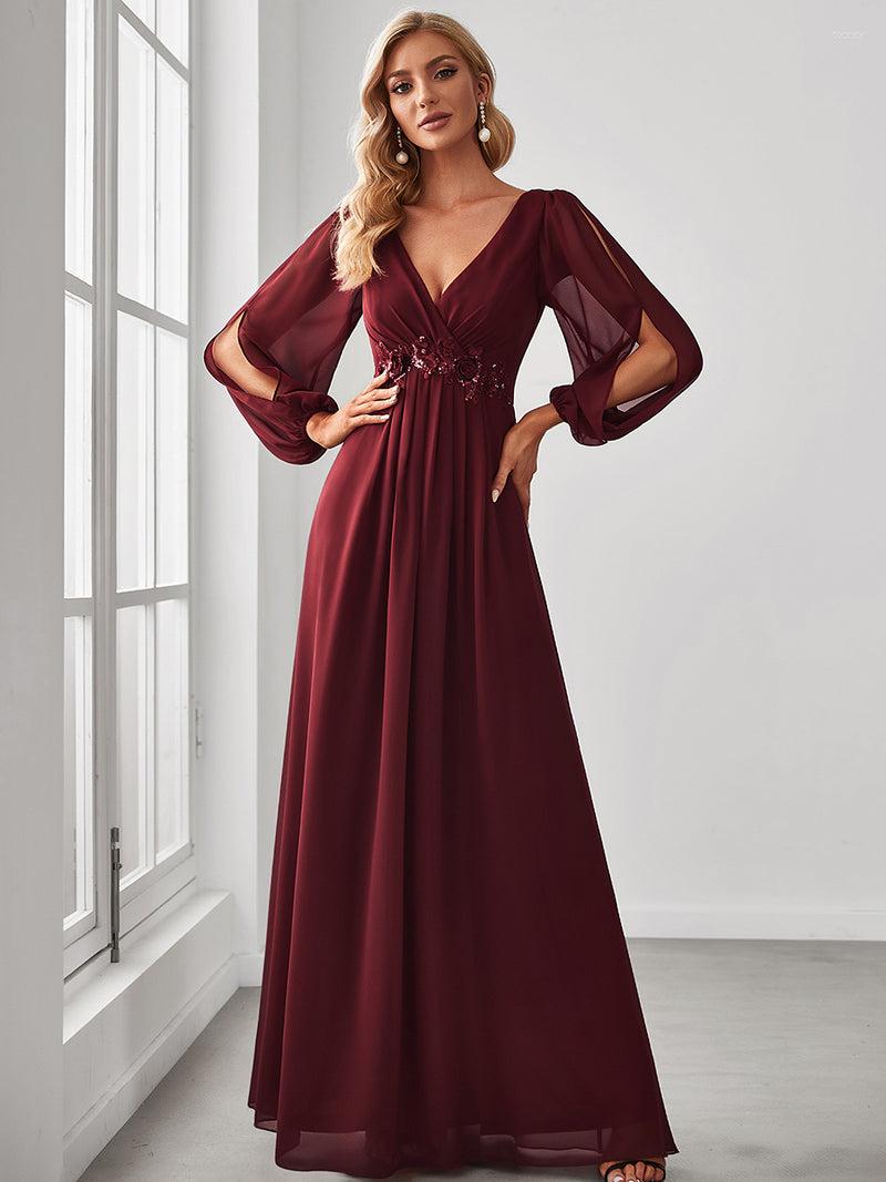 

Party Dresses Elegant Evening Long Lantern Sleeves V-neck 2023 Ever Pretty Of A-LINE Chiffon Burgundy Flower Beltbelt Prom Dress Women, Cameo brown