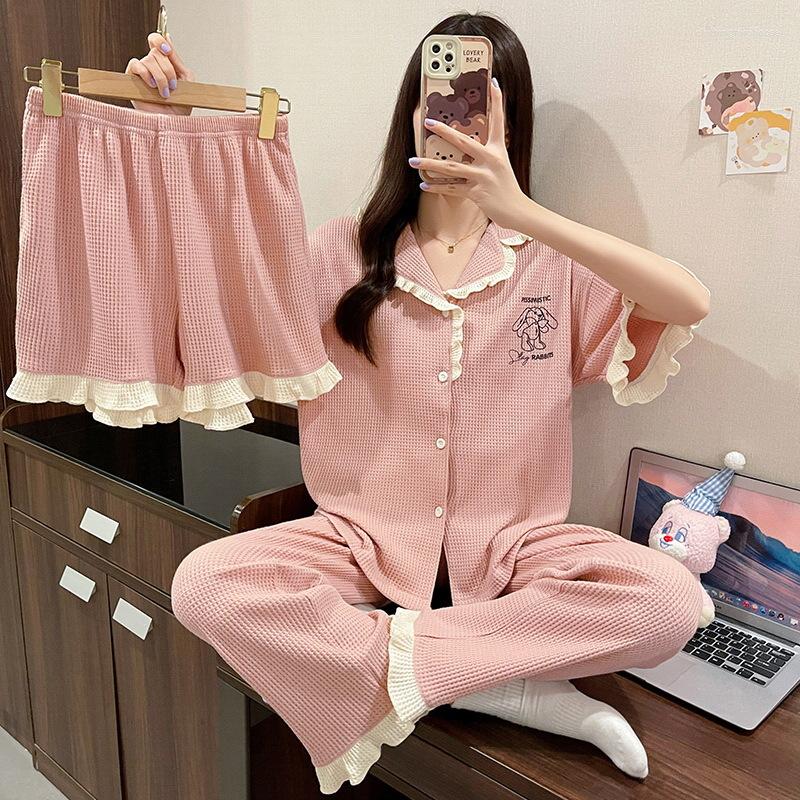 

Women's Sleepwear Knitted Pajamas For Women Spring Summer Sets Woman 3 Pieces Short-Sleeve Korean Home Suit Drop, 301