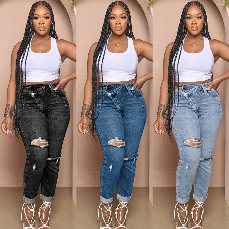 

Women's Jeans Echoine Hight Waist Design Irregular Denim Pants Women Skinny Stretch Penci Hole Ripped Hollow Out Trousers, Black