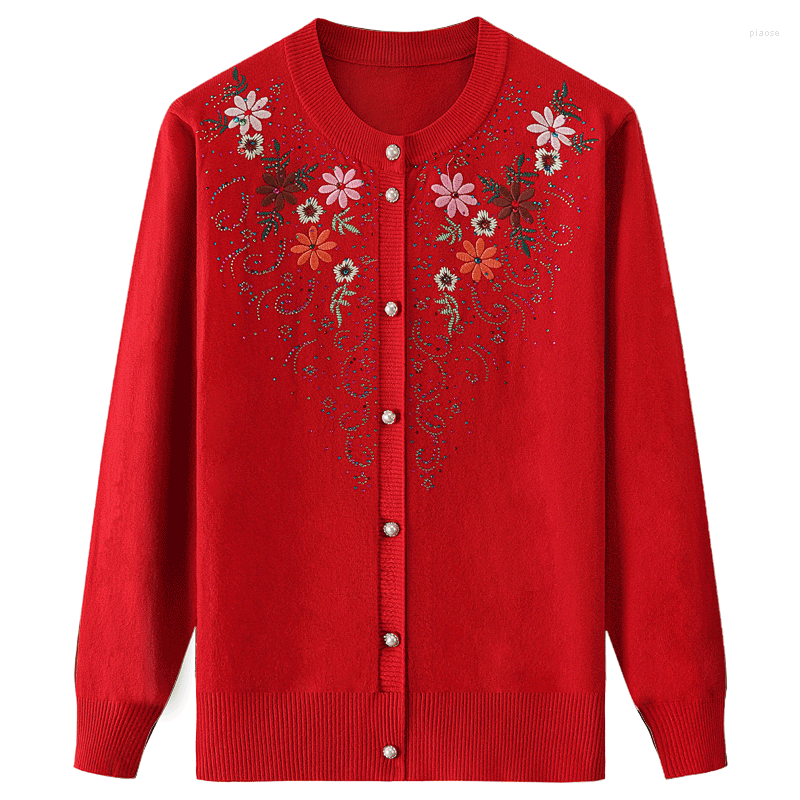 

Women's Knits Middle-aged Mother Knit Cardigan Sweater Jacket Spring Autumn O Neck Embroidery Women's Knitwear Tops  2166, Dark purple