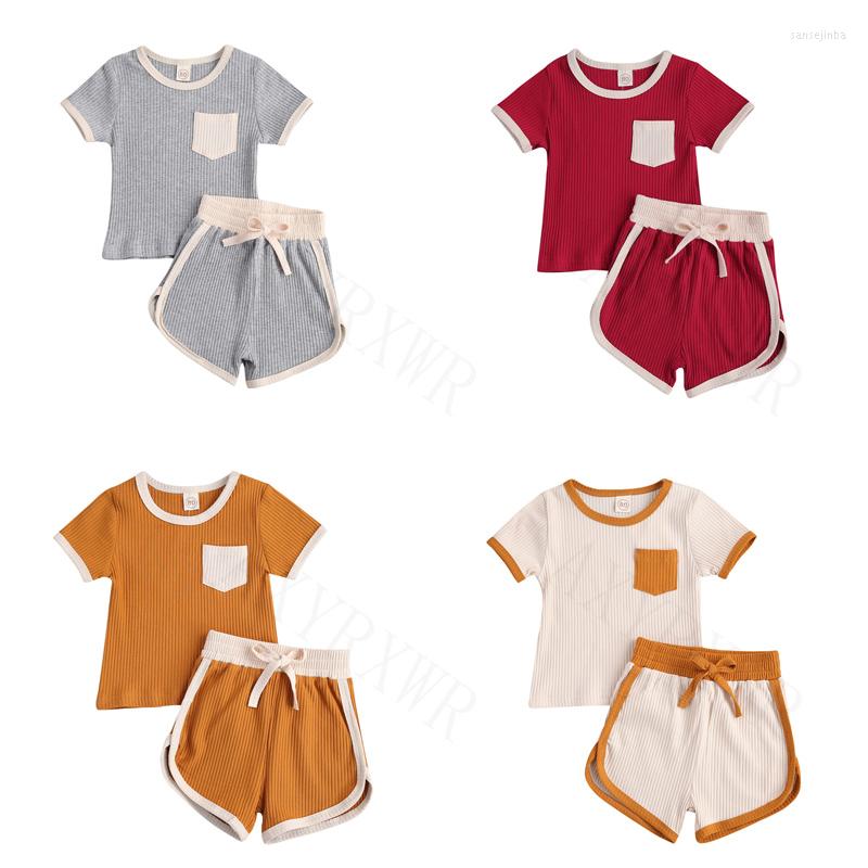 

Clothing Sets 1-4Y Summer Toddler Baby Boys Girls Suits Ribbed Knitted Born Kids Short Sleeve Pocket T-shirts Tops Pants Tracksuits