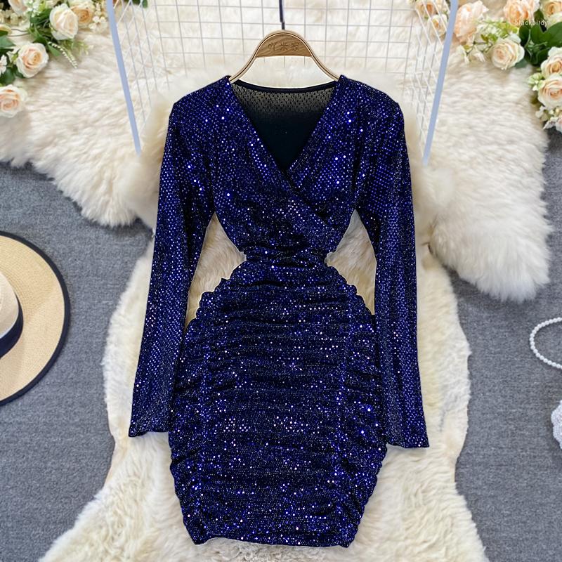 

Casual Dresses Women's Sexy Sequins V Neck Long Sleeve Mini Dress Lady Glitter Ruched Bodycon Party Club Short, Red
