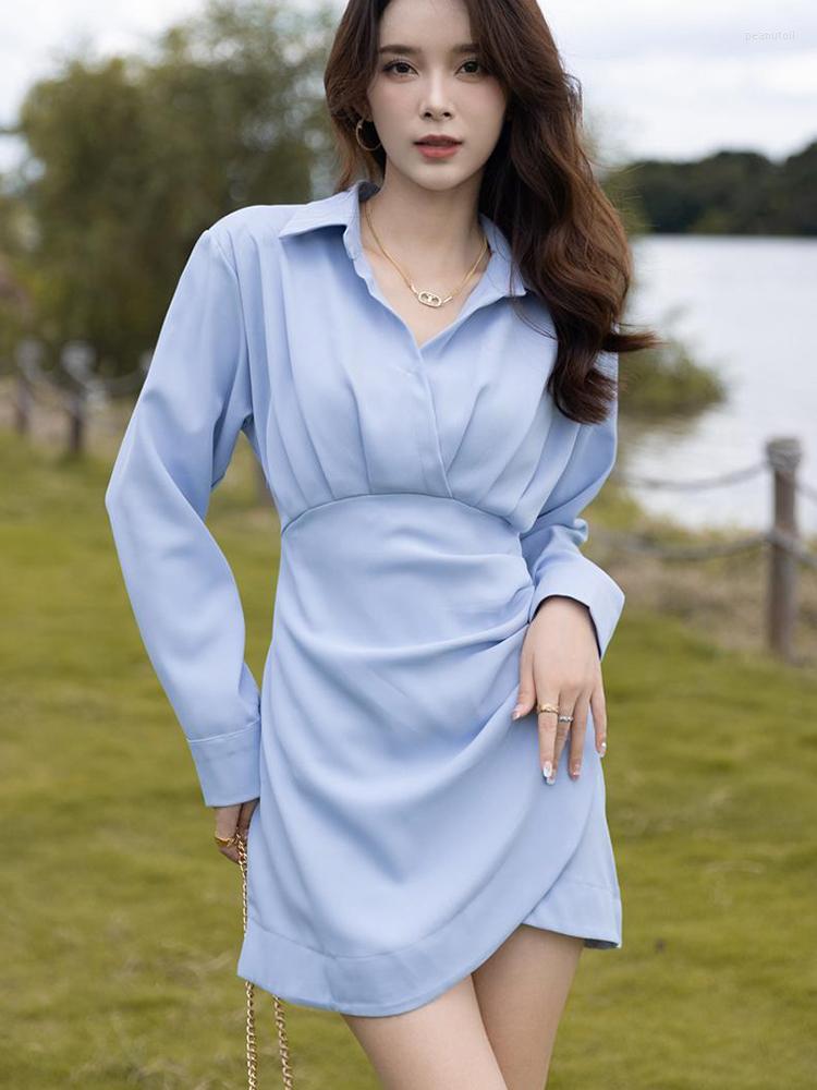

Casual Dresses Vintage Pleated Folds Bodycon For Women Clothing Temperament Polo Collar Long Sleeve Shirt Mini Dress Y2k Korean Fashion, Light blue