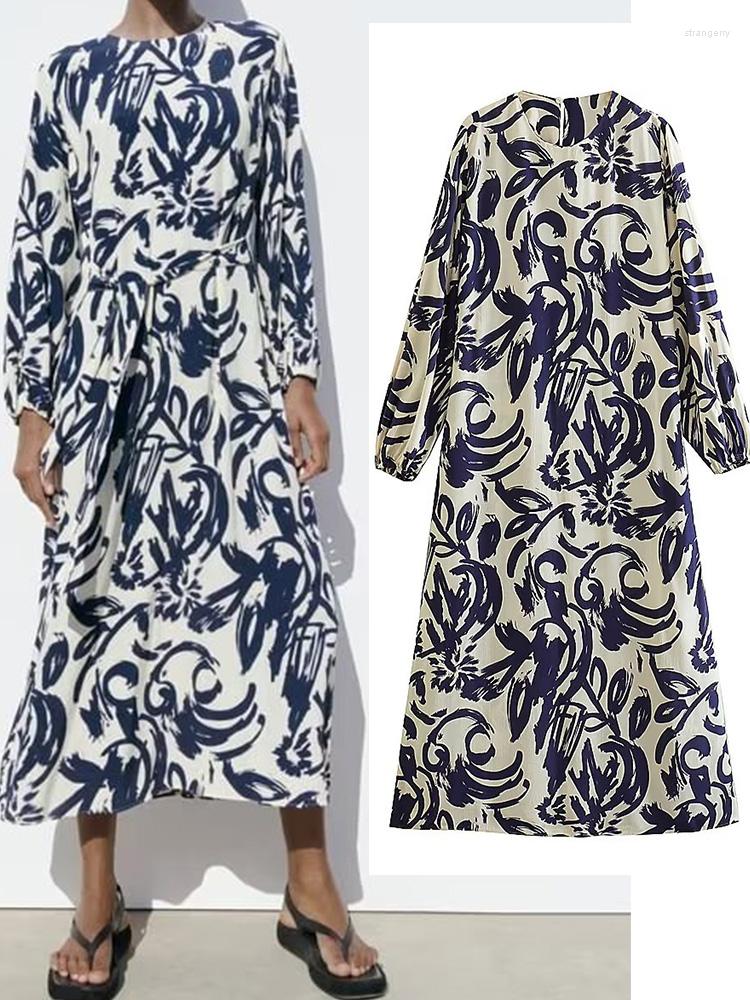 

Casual Dresses 2023 Women Summer Shirts Dress Vintage Print O-Neck Long Sleeve Sashes Bow Tie Female Elegant Street Clothing