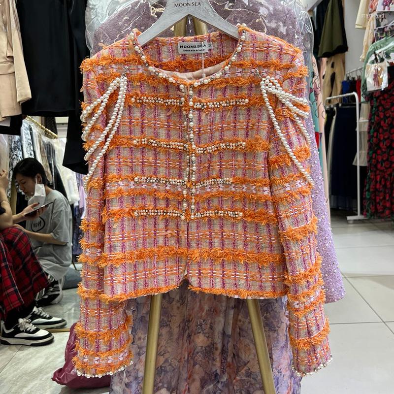 

Women' Jackets Spring Autumn Fashion High-End Ladies Elegant Pearl Decorative Long-Sleeved Jacket Heavy Industry Woven Woolen Coat, Orange
