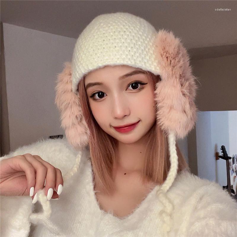 

Berets Korea Hair Knit Hats For Women Autumn And Winter Warm Ear Protection Plush Fur Beanies Hat Windproof Bomber Cap, White