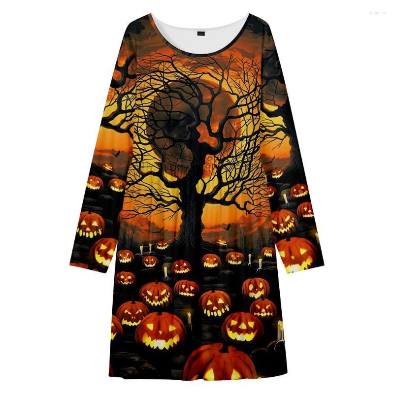 

Casual Dresses Women Vintage Long Sleeve Round Neck Elegant Party Sundress Clothes Halloween Pumpkin Print Dress
