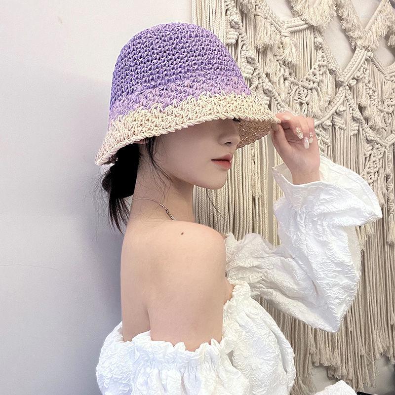 

Berets Color Splicing Straw Hats For Women Summer Outdoor Sunshade Sun Hat Seaside Beach Vacation Foldable Bucket Caps