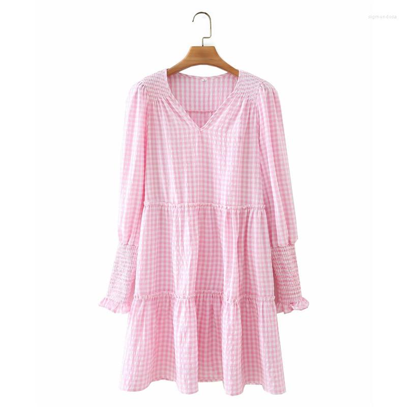 

Casual Dresses Evfer Cute Lady Pink Plaid Print Summer High Waist Mini Women Fashion Long Sleeve Elastic Cuff V-Neck Pleated Dress