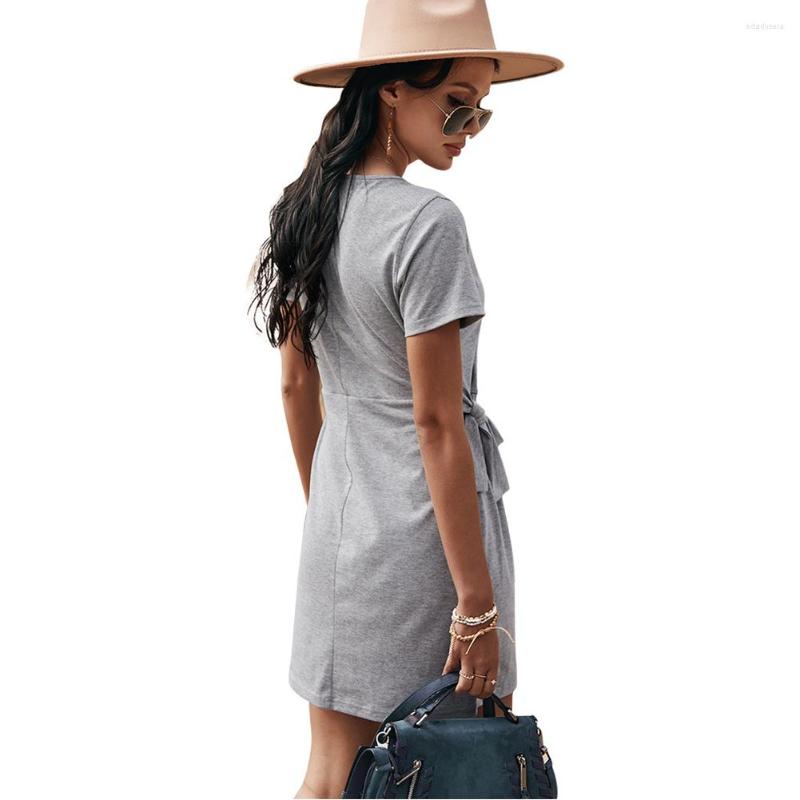 

Party Dresses Women's Crewneck Belted Dress Short Sleeve Slim Waist Drawstring Design Solid Color HSJ88, Red