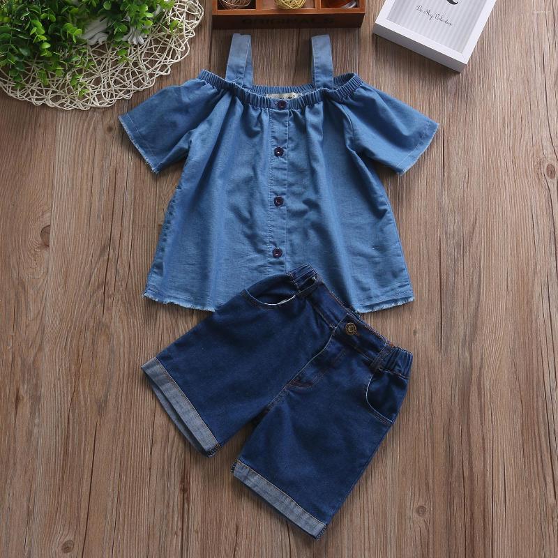 

Clothing Sets Kids Baby Girls Single Breasted Off Shoulder Tops Shirts Pockets Shorts Casual Toddler Girl Blue Suit, Picture shown