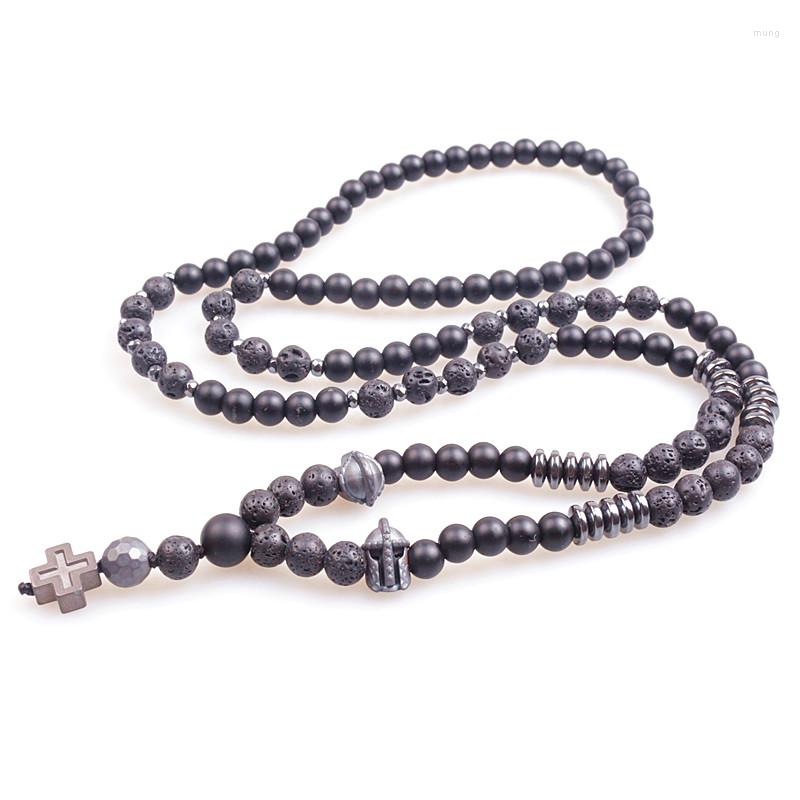 

Pendant Necklaces Spartan Knight Helmet Hematite Carving Bead & Stone Cross Black Man's Necklace Drop