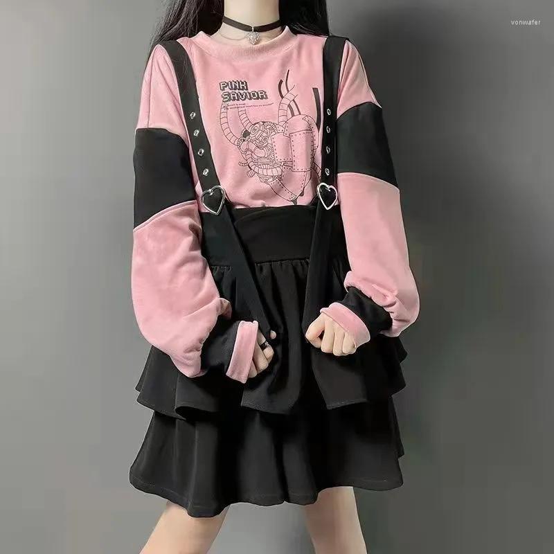 

Casual Dresses Vintage Women Gothic Punk Lolita Dress High Waist Black Harajuku Suspender Hooded Girls Y2K Mini Streetwear Clothes, Only pink sweatshirt