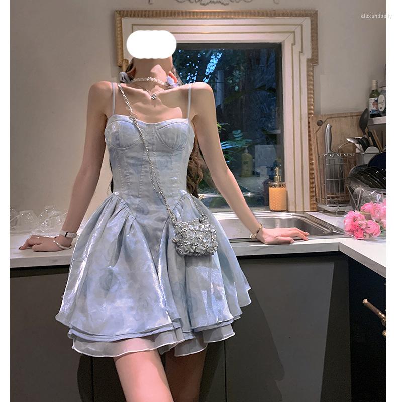 

Stage Wear Super Immortal Fish Bone Sling Dress Women's Summer Stunning Puffy Birthday Gift Bust Short Skirt, Blue suspender dress