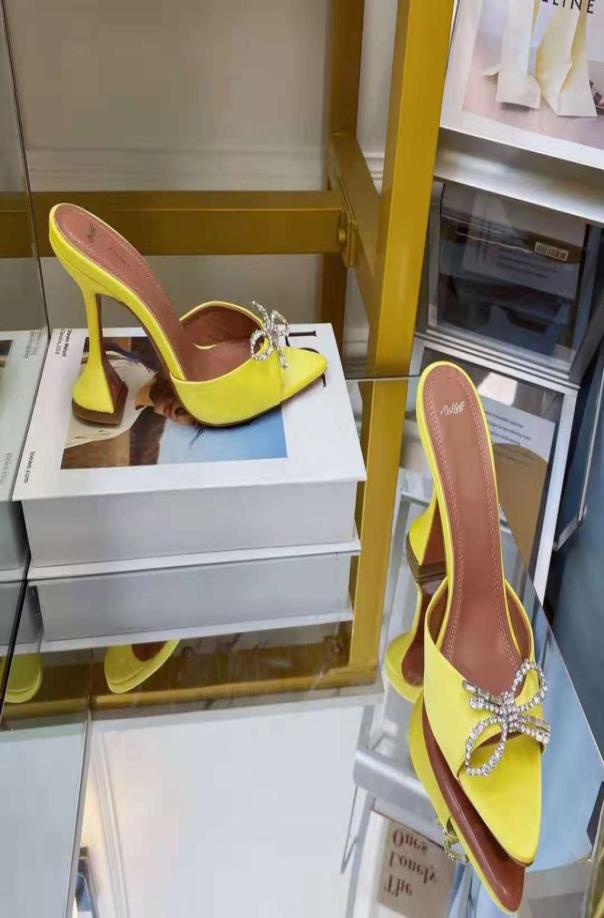 

Yellow Satin Amina Italy Muaddi Mules Slippers 95mm Crystalembellished Pyramid Heel Shoes2444984