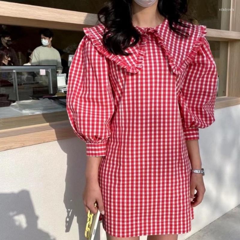 

Party Dresses Plaid Red Woman Dress O Neck High Waist Casual Holiday For Women Puff Sleeves Loose Fit Mini Vestidos 2023, Black