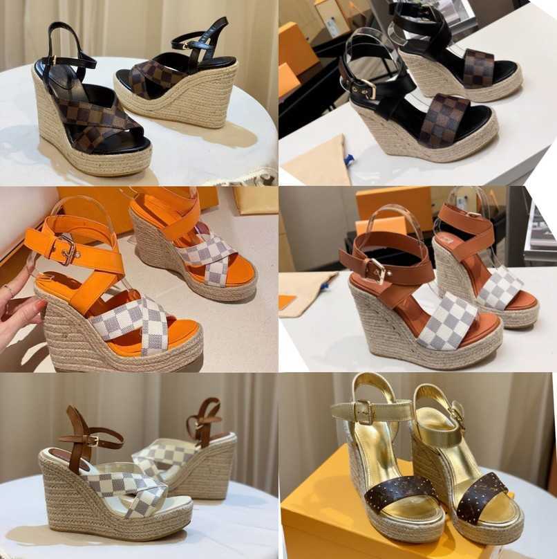 

high quality platform Sandals Straw wedges slippers monograms ankle strap chunky heels dress shoes Women Luxury Designer Sandal logo Espadrilles slides pumps 2023, Lvtn5102