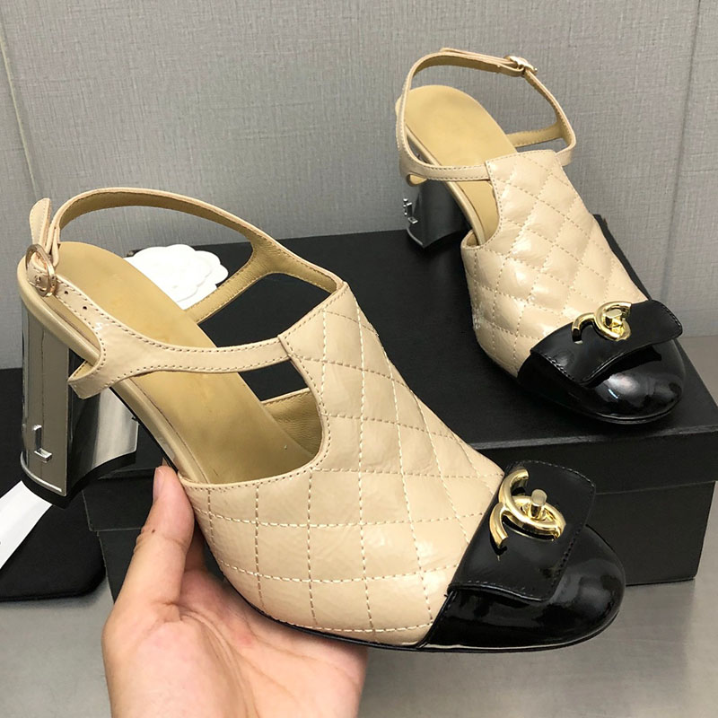 

Classic Womens Slingbacks Sandals Designer Dress Shoes Sheepskin Chunky Heel 7cm Adjustable Ankle Buckle Wedding Shoe Quilted Texture Casual Shoe Ladies For Party, Shoes box