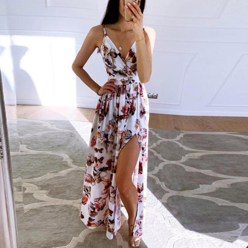 

Casual Dresses Summer Boho Dress Fashion Sexy V-neck Spaghetti Strap Sleeveless Floral Print Maxi Beach Party For Women Robe Femme 2023, Pink
