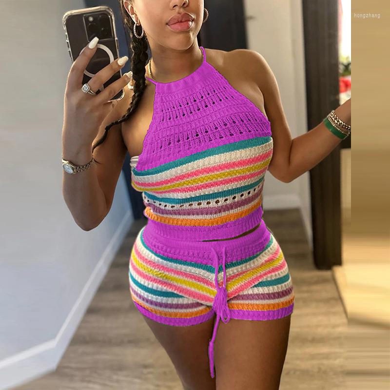 

Women' Tracksuits Female Halter Sleeveless Tank Tops Drawstring Shorts Suit Summer Striped Knitted Bodycon Fashion Holiday Beach, 04 rose red