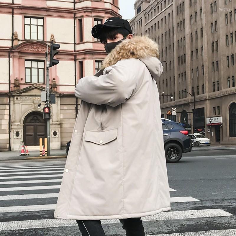

Men' Down Winter Mens Thick Padded Long Jacket Fur Collar Hoody Parka Loose Fit Cotton Outwear Overcoat Solid Color Casual Parkas