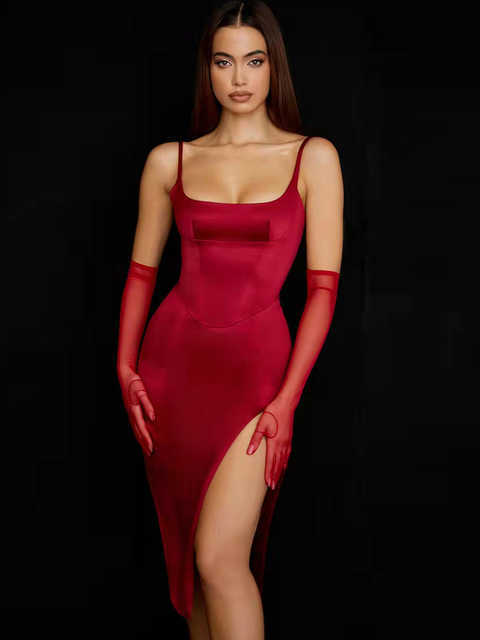 

Female Spring 2022 New Year Festival Slit Red Midi Dress Simple Design Satin Elegant Outfits Chic Christmas Party Dress, Blue