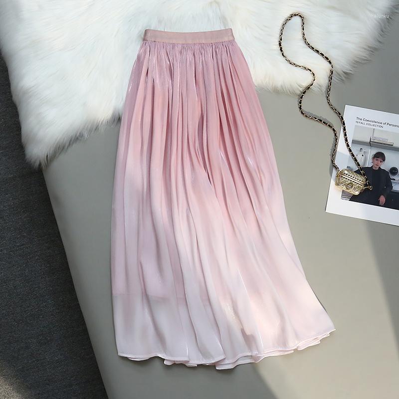 

Skirts Korejepo Gradient Vintage Skirt Pearlescent Yarn Women Summer Elastic Waist Fashion Bottoms Temperament Spicy Girls, Pink