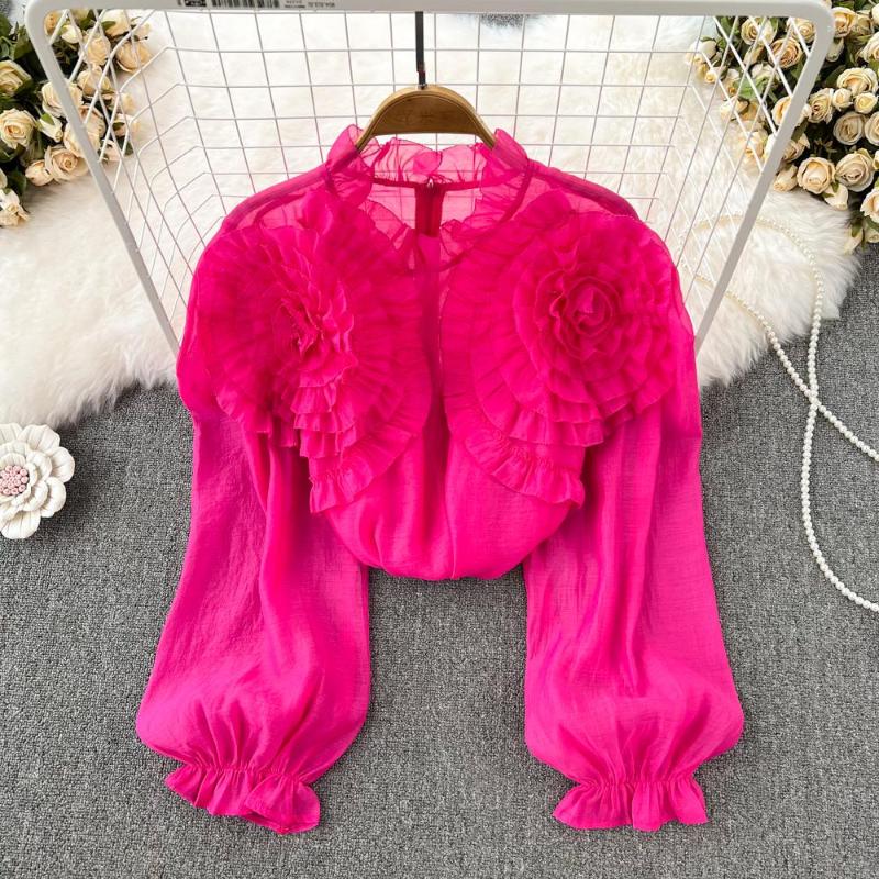 

Women's Blouses Blouse Women 3D Floral Puff Long-sleeved Chic Blusas A Rayas Para Mujer Stand Collar Vintage Chiffon Almighty Dropship, Green
