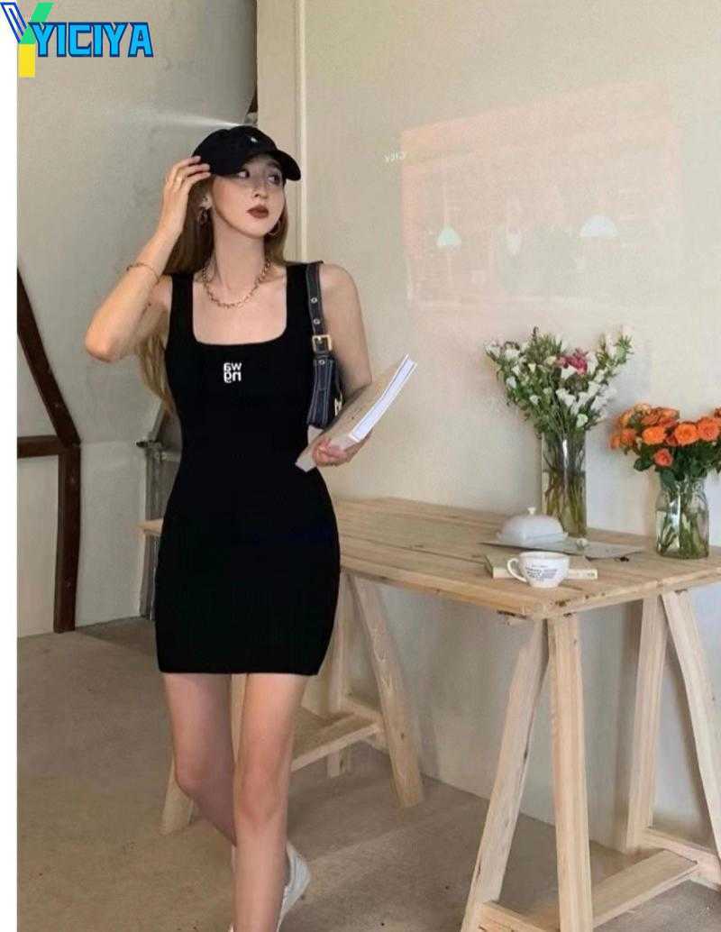 

YICIYA Casual Dresses Summer Women' Wang Generous Collar Sexy Stretch Slim Sleeveless Knitted Dress Mid-length And Thin, Black
