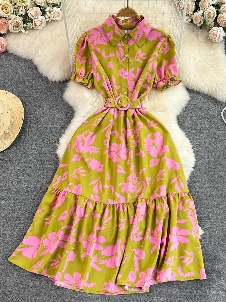 

Party Dresses Women Vintage Floral Printed Dress Summer Ruffles Short Sleeve Lapel Ladies Slim A Line Causal, Brown