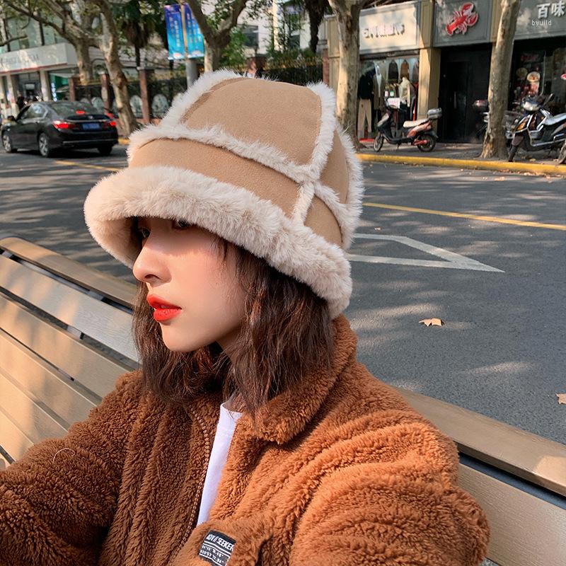 

Berets 2023 Suede Bucket Hat Female Autumn Winter Korean Versatile Japanese Brown Plush Plus Down Warm Basin Cap