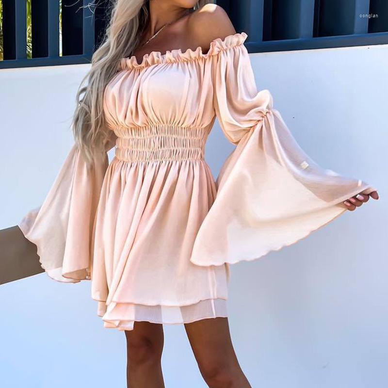 

Casual Dresses Spring Chiffon Ruffle Off Shoulder Mini Dress Women Elegant Flare Sleeve Pleated Party Fashion Holiday Bohemian, 03 pink