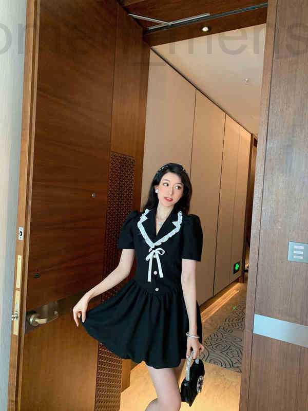 

Basic & Casual Dresses designer suer new knot decoration prl tton V-neck waist age redud trast e slve dress PM5C, Black