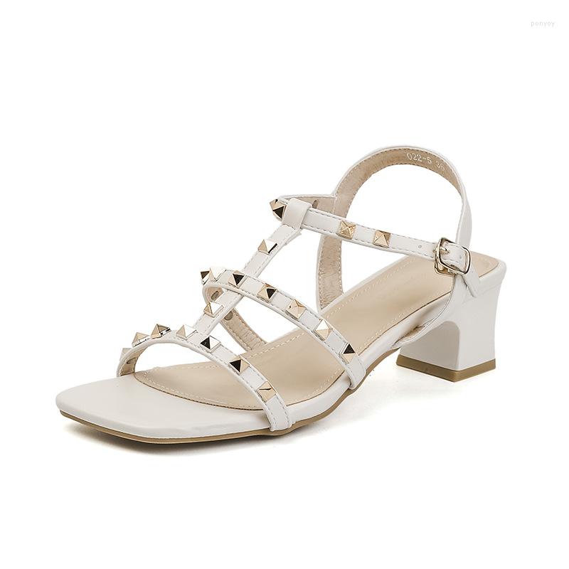 

Sandals Women's Shoes 2023 Thick Heels Outside Wear Fashion Metal Riveted High With Skirt Mid-heel, Beige
