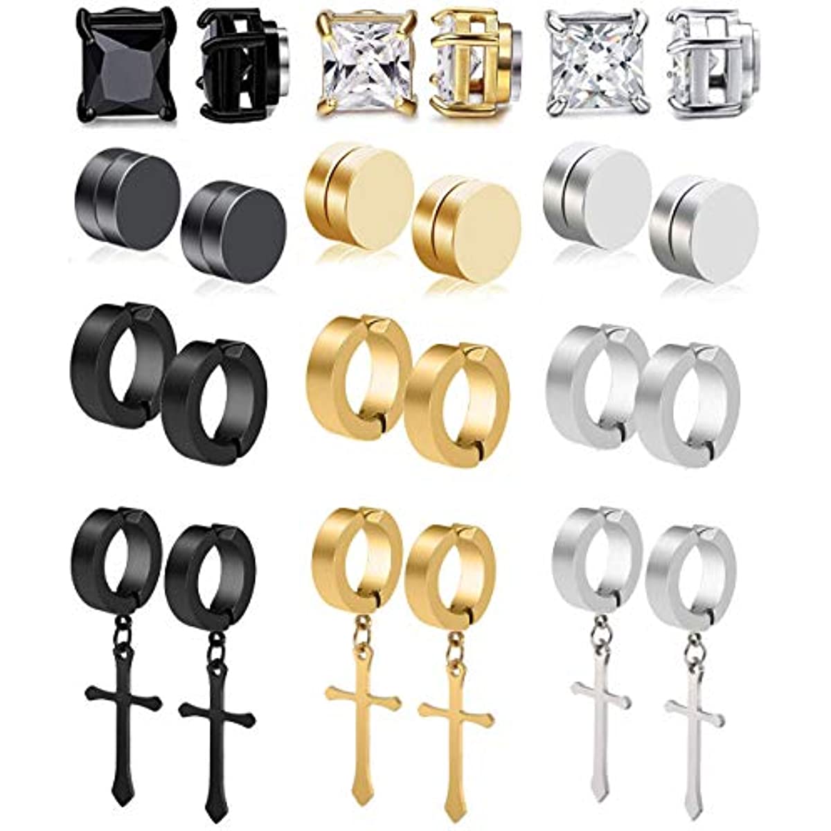 

1/12 Pairs Stainless Steel Cross Pendant Clip Earring Non Piercing Fake Hoop Stud Earrings for Men Women Fashion Jewelry