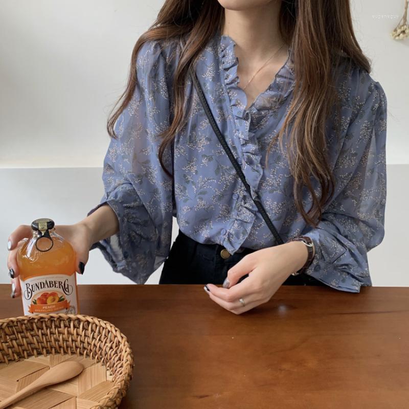 

Women' Blouses Sandro Rivers Gentle Wind Fashion Small Floral French Ruffled Edge Bubble Sleeve Top Women' Chiffon Long-Sleeved Blouse, Blue