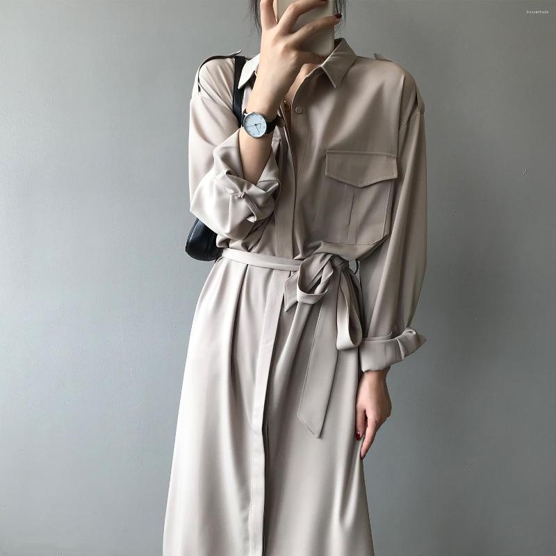 

Casual Dresses VANOVICH 2023 Spring Long-sleeved Long Dress Women Belt Waist Slim Temperament Solid Polo Neck Single Breasted Fashion, Gray
