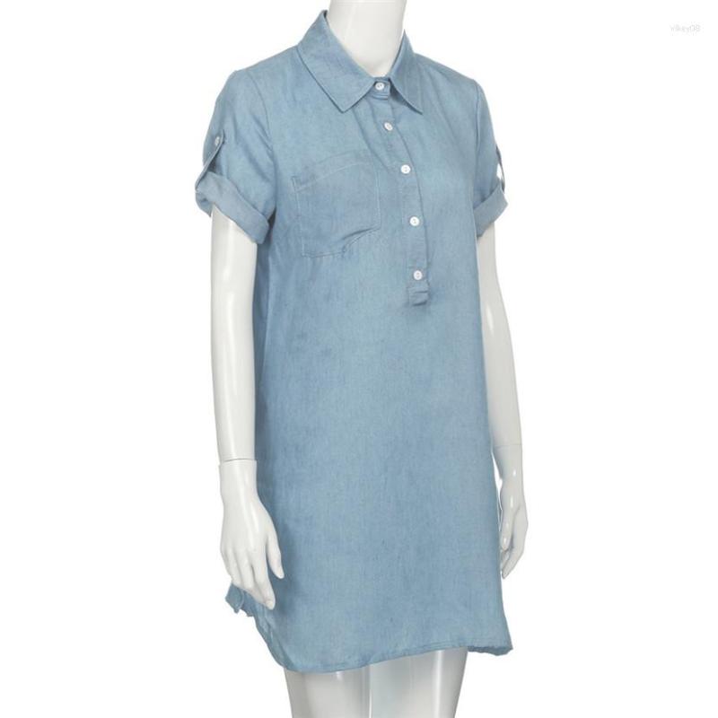 

Casual Dresses 2023 Women Short Sleeve Dress Solid Denim Turn Down Collar Mini Gift Mar 23 Drop Ship, Blue