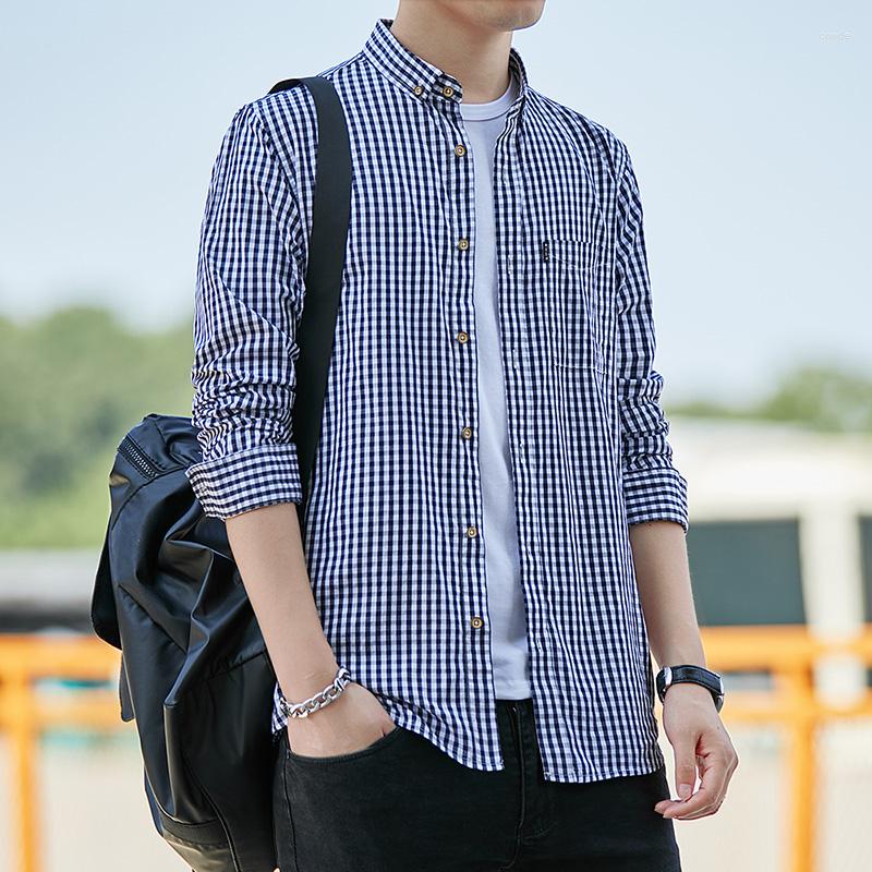 

Men' Casual Shirts Male Plaid For Men Clothing Contrast Color Shirt Long Sleeve Fasion 2023 Arrival B64, Heibai